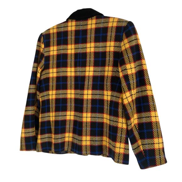 Vintage 90s Joan Leslie Yellow Black Tartan Wool Twill Velvet Blazer Size Medium - Picture 4 of 16